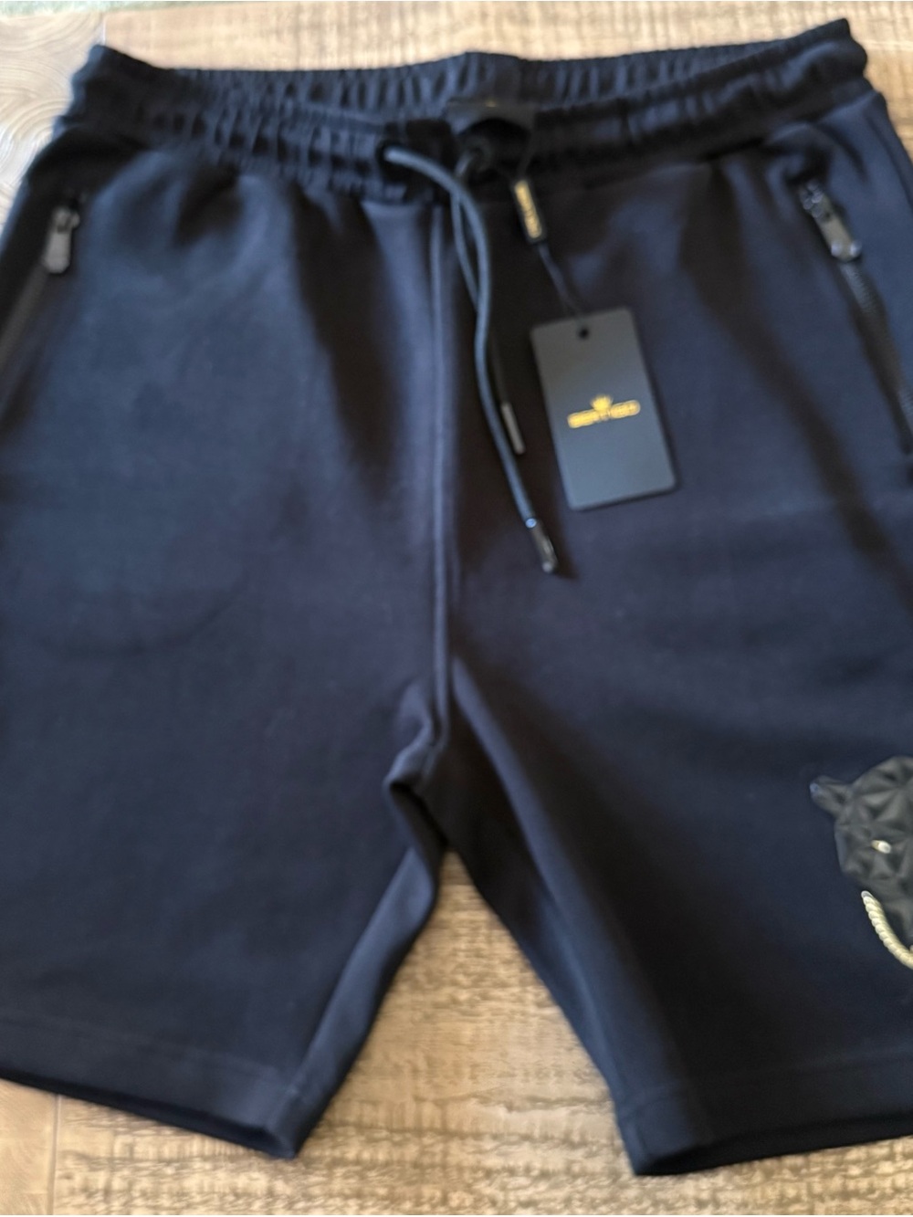 Men’s Bertigo XL Black Drawstring Shorts Panther Detail on Leg NWT
